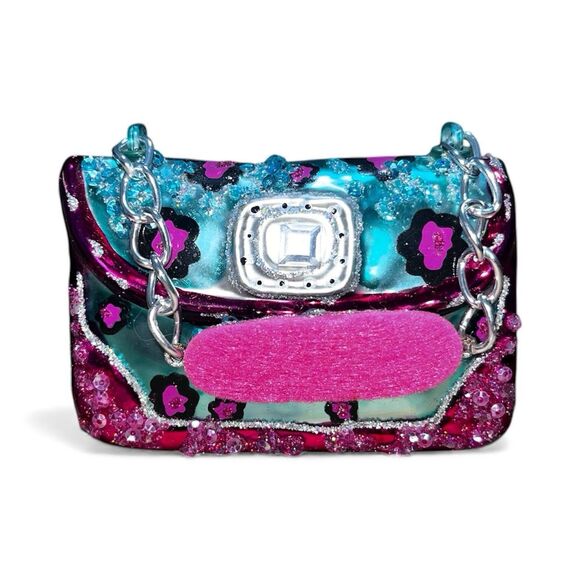 Vintage Hand Blown Glass Purse Ornament Pink Teal Leopard Beaded Handbag Decor - Picture 2 of 5